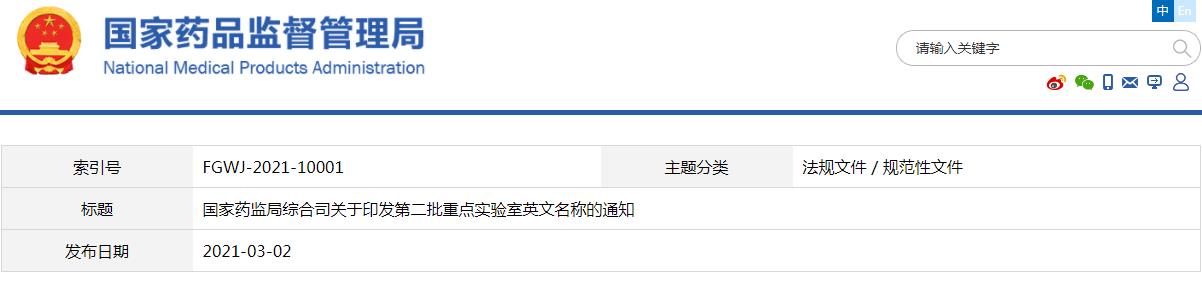 國家藥監局第二批重點實驗室中英文名稱對照表（藥監綜科外函〔2021〕115號）(圖1)
